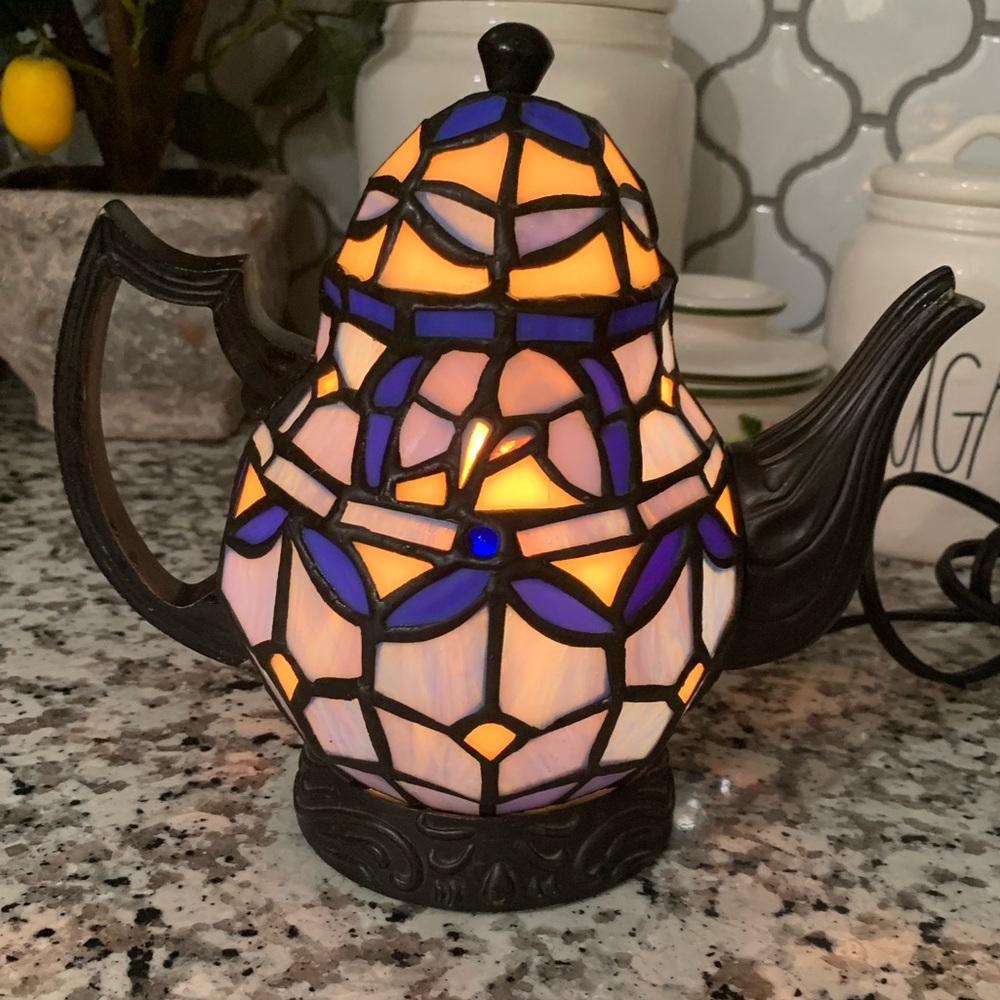 Stained Glass Teapot Lamp with Blue and Orange Accents